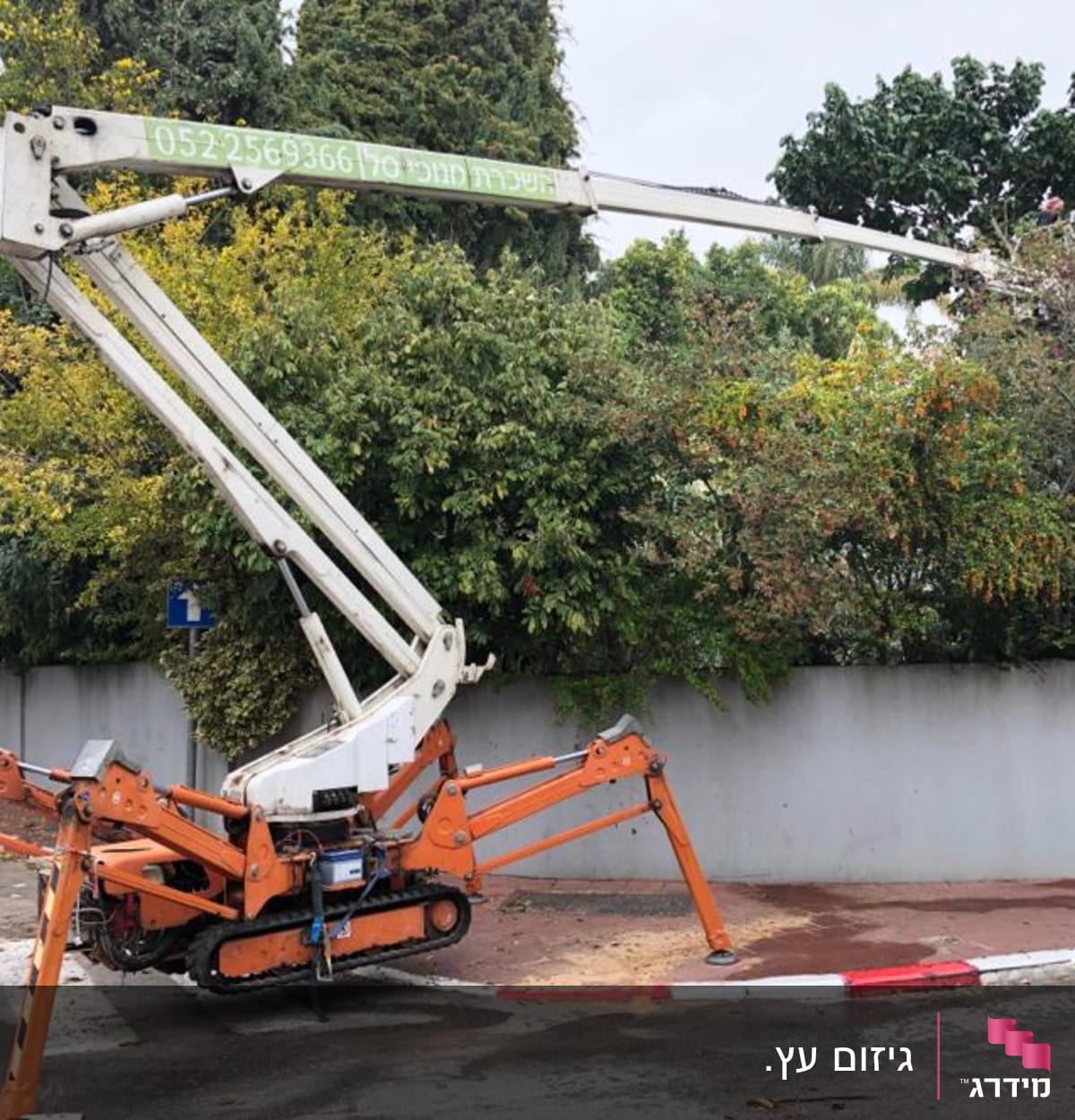 מנוף גיזום עצים עם זרוע ארוכה ליד עץ